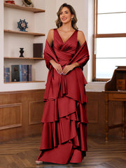 A Line Princess V Neck Sleeveless Floor Length Mother Of The Bride Dresses With Ruffles Wrap
