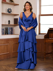 A Line Princess V Neck Sleeveless Floor Length Mother Of The Bride Dresses With Ruffles Wrap