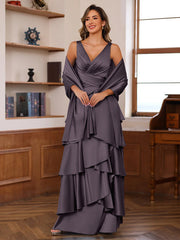 A Line Princess V Neck Sleeveless Floor Length Mother Of The Bride Dresses With Ruffles Wrap