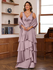 A Line Princess V Neck Sleeveless Floor Length Mother Of The Bride Dresses With Ruffles Wrap