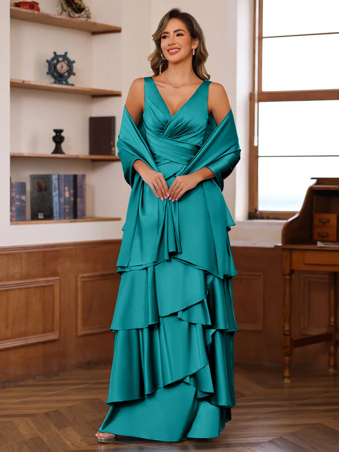 A Line Princess V Neck Sleeveless Floor Length Mother Of The Bride Dresses With Ruffles Wrap