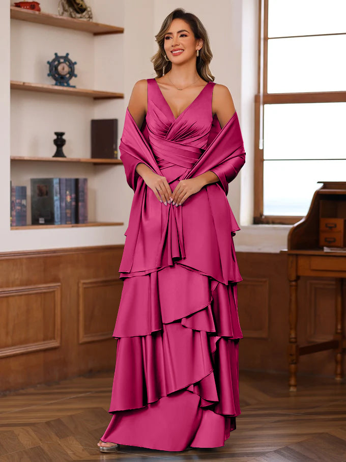 A Line Princess V Neck Sleeveless Floor Length Mother Of The Bride Dresses With Ruffles Wrap