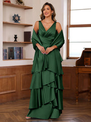 A Line Princess V Neck Sleeveless Floor Length Mother Of The Bride Dresses With Ruffles Wrap