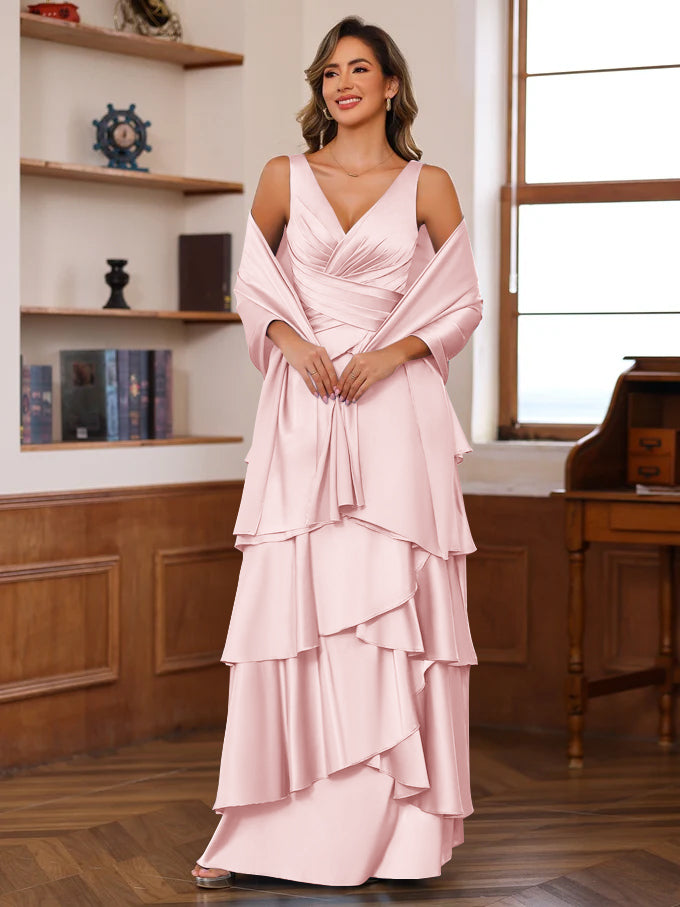 A Line Princess V Neck Sleeveless Floor Length Mother Of The Bride Dresses With Ruffles Wrap
