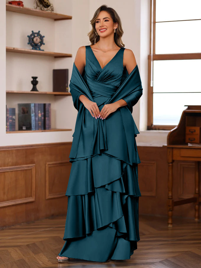 A Line Princess V Neck Sleeveless Floor Length Mother Of The Bride Dresses With Ruffles Wrap