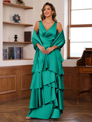A Line Princess V Neck Sleeveless Floor Length Mother Of The Bride Dresses With Ruffles Wrap