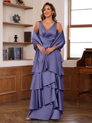 A Line Princess V Neck Sleeveless Floor Length Mother Of The Bride Dresses With Ruffles Wrap