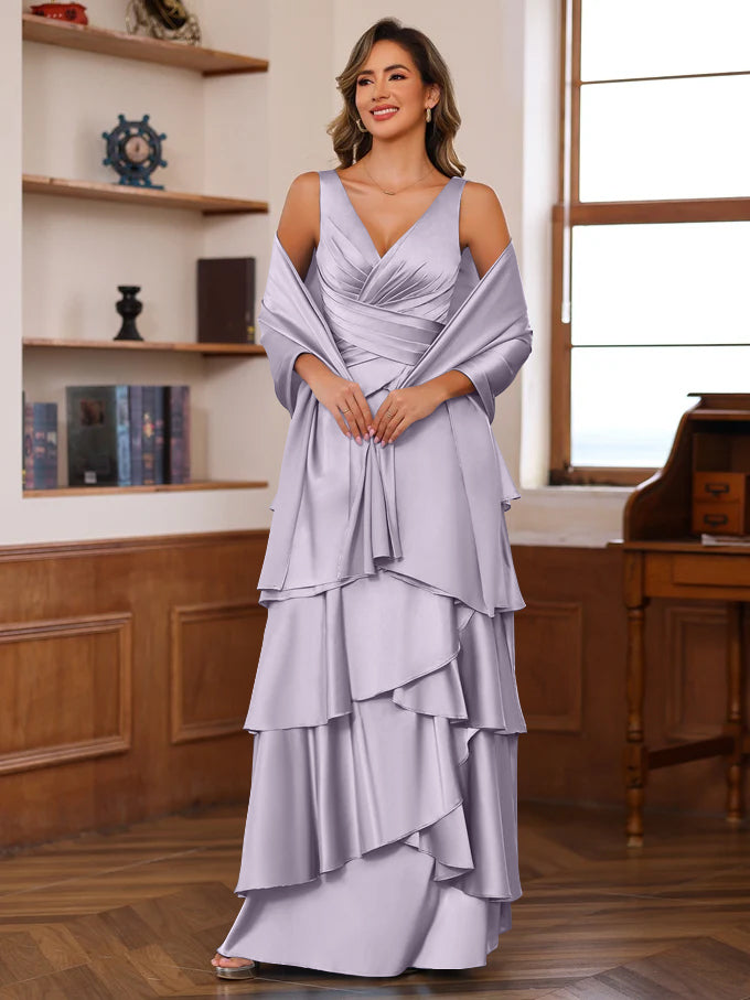 A Line Princess V Neck Sleeveless Floor Length Mother Of The Bride Dresses With Ruffles Wrap