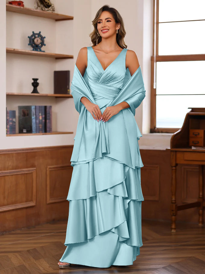 A Line Princess V Neck Sleeveless Floor Length Mother Of The Bride Dresses With Ruffles Wrap