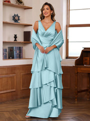 A Line Princess V Neck Sleeveless Floor Length Mother Of The Bride Dresses With Ruffles Wrap