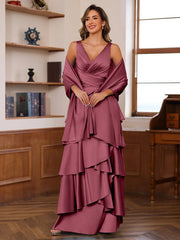 A Line Princess V Neck Sleeveless Floor Length Mother Of The Bride Dresses With Ruffles Wrap