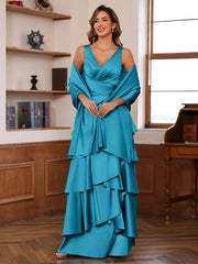 A Line Princess V Neck Sleeveless Floor Length Mother Of The Bride Dresses With Ruffles Wrap