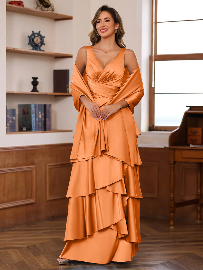 A Line Princess V Neck Sleeveless Floor Length Mother Of The Bride Dresses With Ruffles Wrap