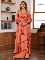 A Line Princess V Neck Sleeveless Floor Length Mother Of The Bride Dresses With Ruffles Wrap