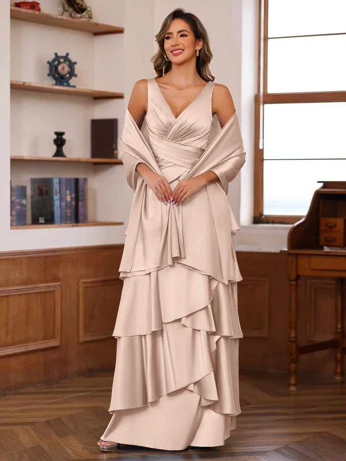 A Line Princess V Neck Sleeveless Floor Length Mother Of The Bride Dresses With Ruffles Wrap