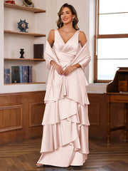 A Line Princess V Neck Sleeveless Floor Length Mother Of The Bride Dresses With Ruffles Wrap