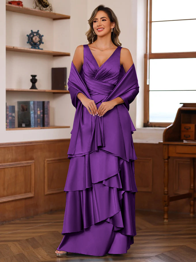 A Line Princess V Neck Sleeveless Floor Length Mother Of The Bride Dresses With Ruffles Wrap