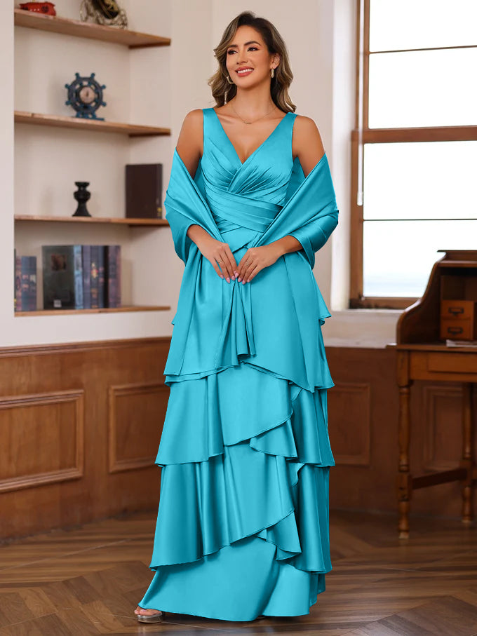 A Line Princess V Neck Sleeveless Floor Length Mother Of The Bride Dresses With Ruffles Wrap