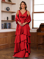 A Line Princess V Neck Sleeveless Floor Length Mother Of The Bride Dresses With Ruffles Wrap