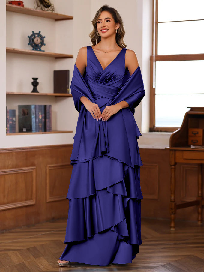 A Line Princess V Neck Sleeveless Floor Length Mother Of The Bride Dresses With Ruffles Wrap