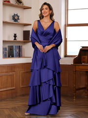A Line Princess V Neck Sleeveless Floor Length Mother Of The Bride Dresses With Ruffles Wrap