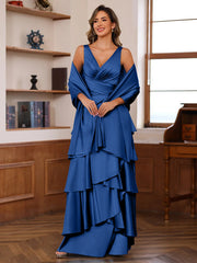 A Line Princess V Neck Sleeveless Floor Length Mother Of The Bride Dresses With Ruffles Wrap