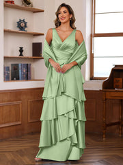 A Line Princess V Neck Sleeveless Floor Length Mother Of The Bride Dresses With Ruffles Wrap