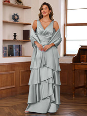 A Line Princess V Neck Sleeveless Floor Length Mother Of The Bride Dresses With Ruffles Wrap