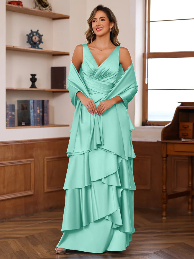 A Line Princess V Neck Sleeveless Floor Length Mother Of The Bride Dresses With Ruffles Wrap