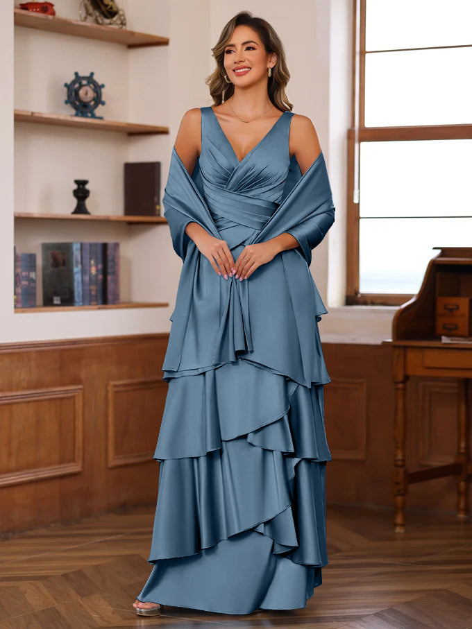 A Line Princess V Neck Sleeveless Floor Length Mother Of The Bride Dresses With Ruffles Wrap