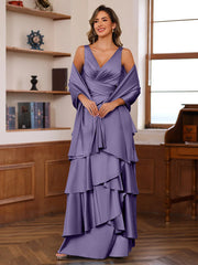 A Line Princess V Neck Sleeveless Floor Length Mother Of The Bride Dresses With Ruffles Wrap