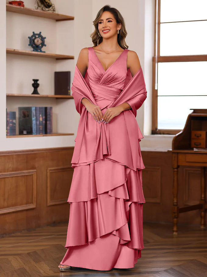 A Line Princess V Neck Sleeveless Floor Length Mother Of The Bride Dresses With Ruffles Wrap