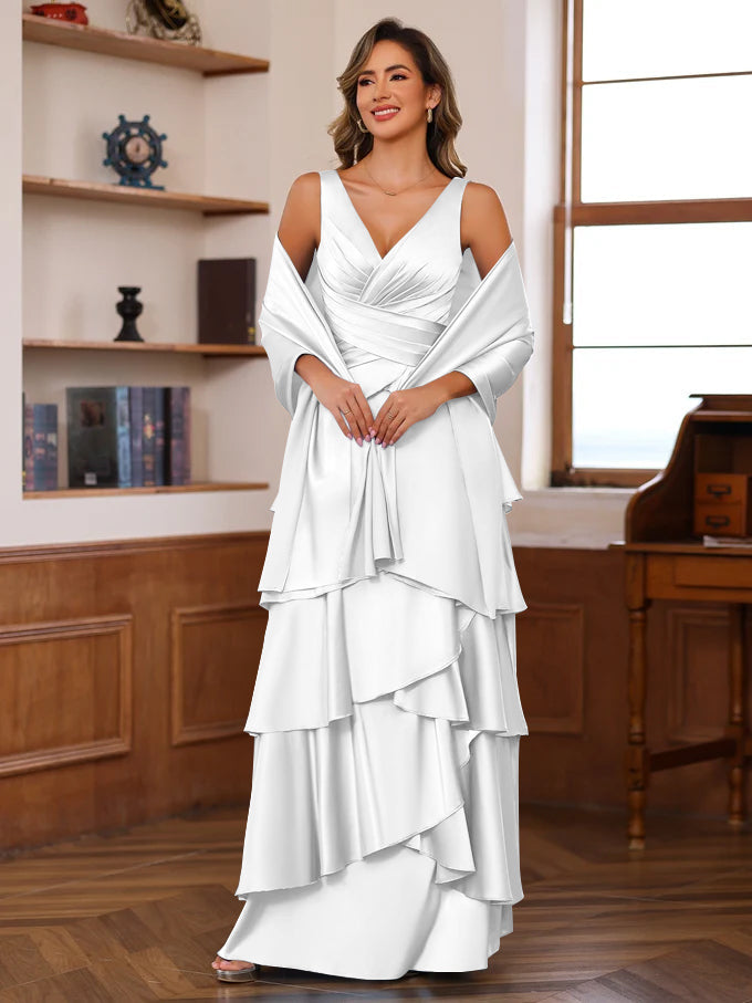 A Line Princess V Neck Sleeveless Floor Length Mother Of The Bride Dresses With Ruffles Wrap