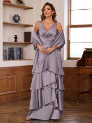 A-Line/Princess V-Neck Sleeveless Floor-Length Mother of the Bride Dresses With Ruffles & Wrap