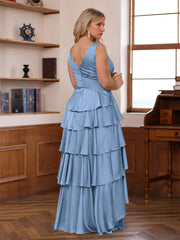 A Line Princess V Neck Sleeveless Floor Length Mother Of The Bride Dresses With Ruffles Wrap