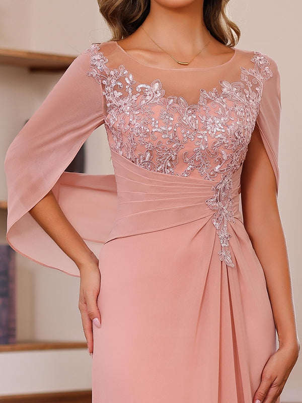 A Line Princess Scoop Floor Length Plus Size Mother Of The Bride Outfits With Pleated Sequins