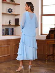 A Line Princess Scoop Neck 2 Pcs Tea Length Mother Of The Bride Dresses With Ruffles Jacket