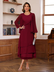A Line Princess Scoop Neck 2 Pcs Tea Length Mother Of The Bride Dresses With Ruffles Jacket