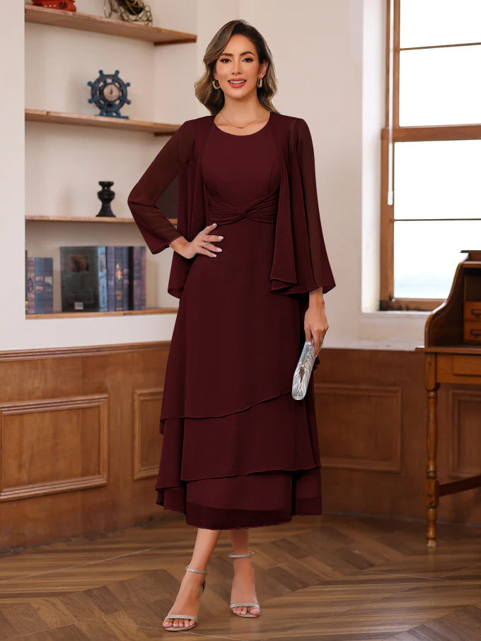 A Line Princess Scoop Neck 2 Pcs Tea Length Mother Of The Bride Dresses With Ruffles Jacket