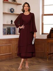A Line Princess Scoop Neck 2 Pcs Tea Length Mother Of The Bride Dresses With Ruffles Jacket