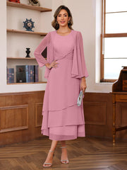 A Line Princess Scoop Neck 2 Pcs Tea Length Mother Of The Bride Dresses With Ruffles Jacket