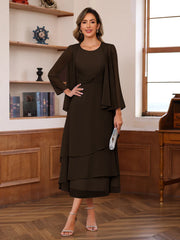 A Line Princess Scoop Neck 2 Pcs Tea Length Mother Of The Bride Dresses With Ruffles Jacket