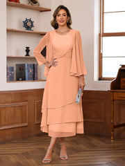 A Line Princess Scoop Neck 2 Pcs Tea Length Mother Of The Bride Dresses With Ruffles Jacket