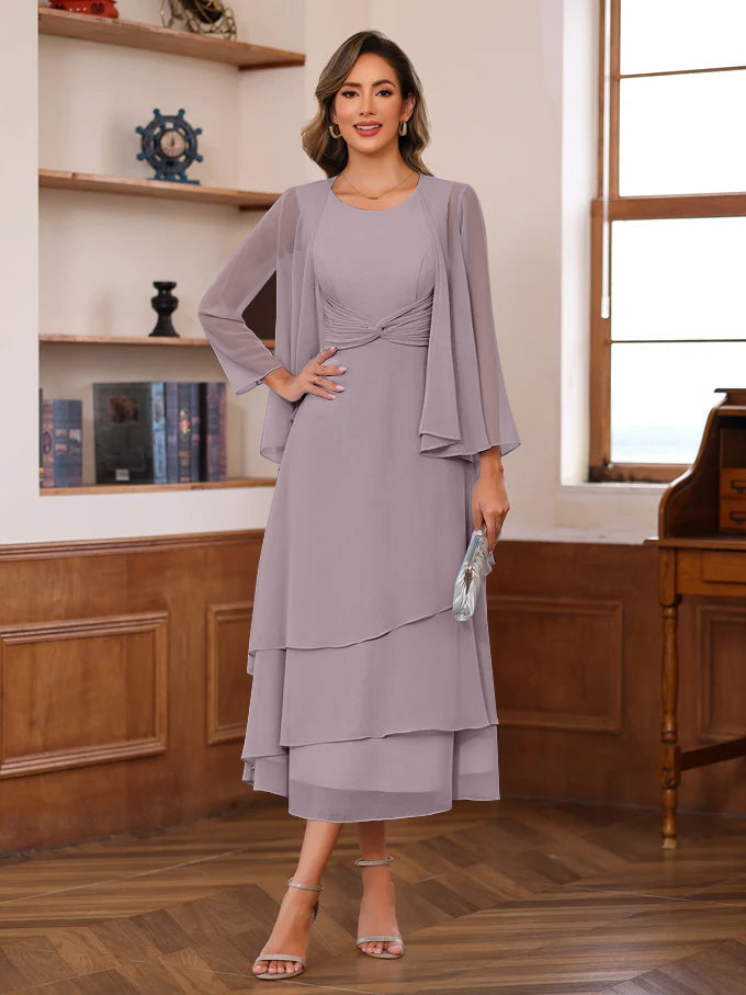 A Line Princess Scoop Neck 2 Pcs Tea Length Mother Of The Bride Dresses With Ruffles Jacket