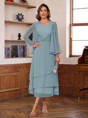 A Line Princess Scoop Neck 2 Pcs Tea Length Mother Of The Bride Dresses With Ruffles Jacket