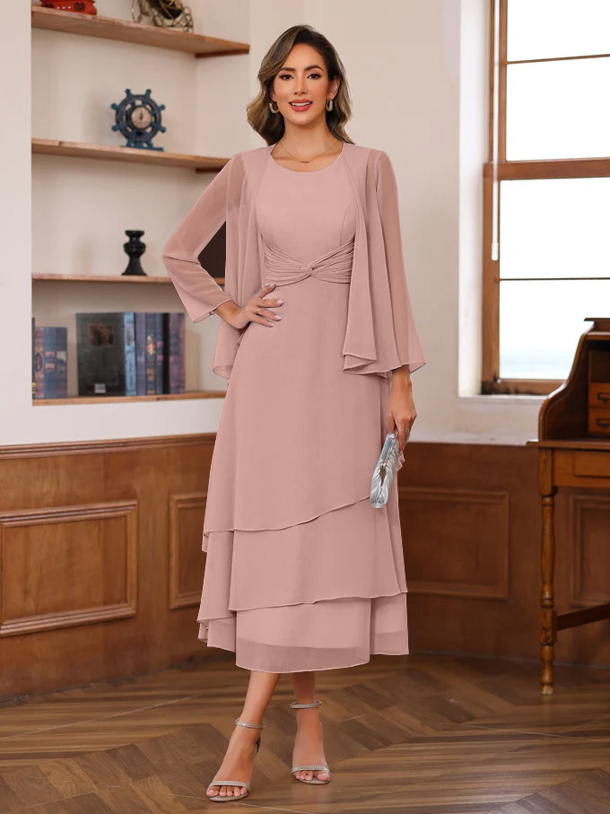 A Line Princess Scoop Neck 2 Pcs Tea Length Mother Of The Bride Dresses With Ruffles Jacket