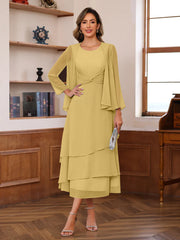 A Line Princess Scoop Neck 2 Pcs Tea Length Mother Of The Bride Dresses With Ruffles Jacket