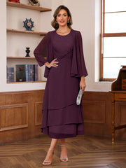 A Line Princess Scoop Neck 2 Pcs Tea Length Mother Of The Bride Dresses With Ruffles Jacket