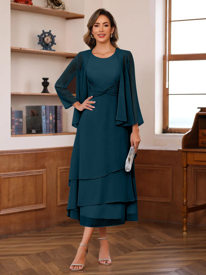 A Line Princess Scoop Neck 2 Pcs Tea Length Mother Of The Bride Dresses With Ruffles Jacket