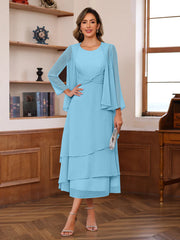 A Line Princess Scoop Neck 2 Pcs Tea Length Mother Of The Bride Dresses With Ruffles Jacket